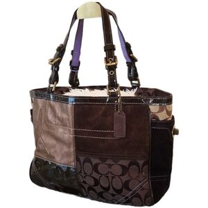 Coach F11408 Patchwork Suede, Leather, & Gold Metallic Tote Bag + Wallet